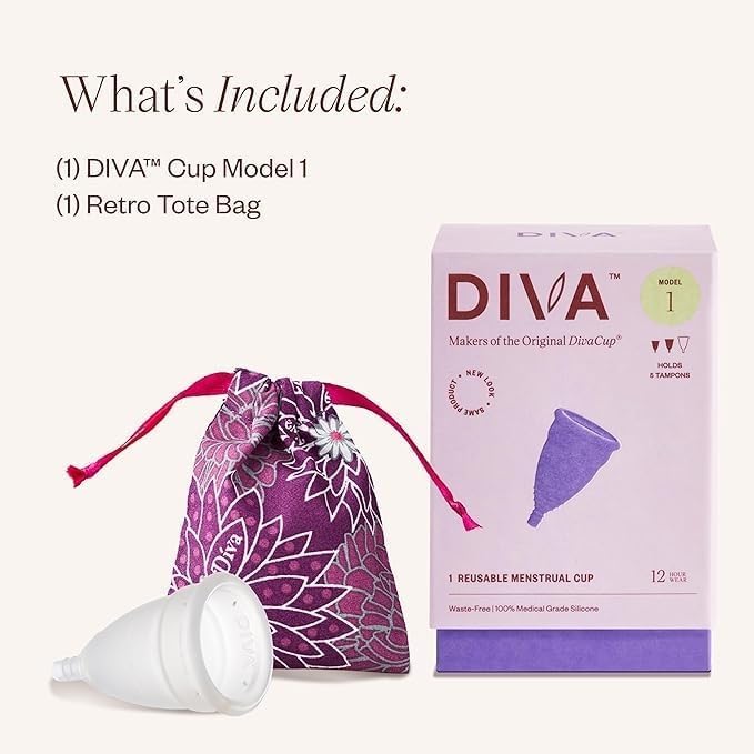 DIVA Cup Model 1 &amp Pouch - Medical Grade Silicone Cup for Period Care - Reusable Menstrual Cup - Up to 12 Hours of Wear - Model 1 (for Medium to Heavy Flow) Plus Retro DivaPouch
