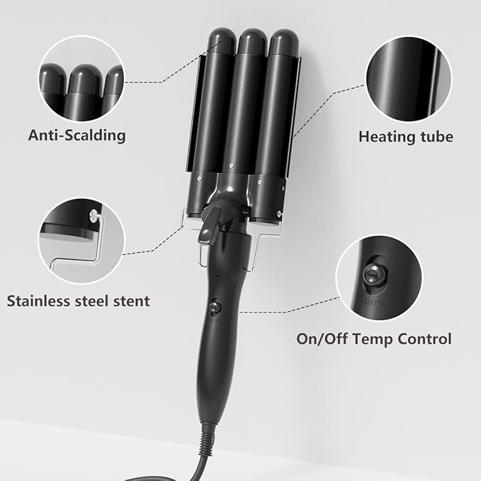3 Barrel Curling Iron 1 Inch 2 Temp Settings (356°F/410°F) Hair Waver for Women Fast Heating 60s Ceramic Coating &amp Negative Ions for Frizz-Free Shiny Beach Waves Black