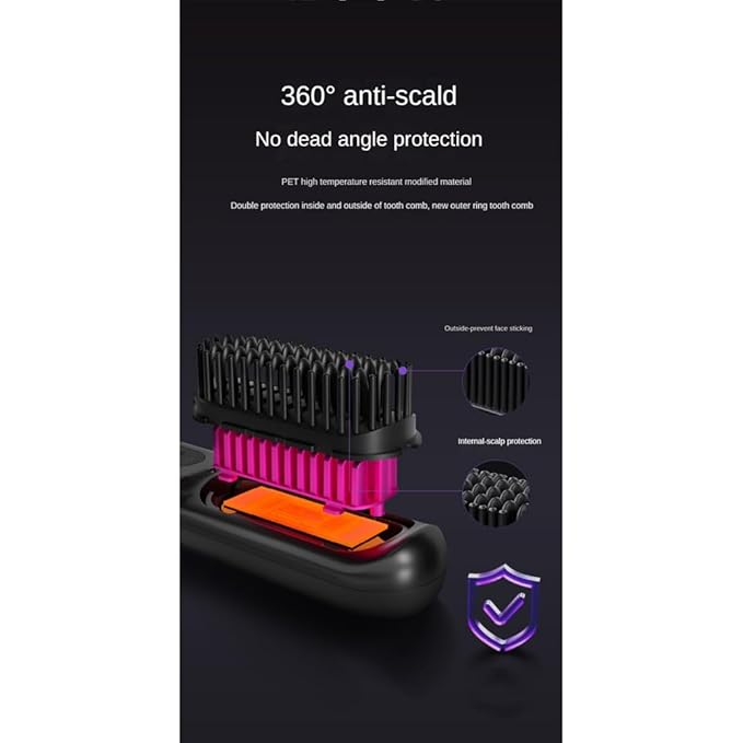 Wireless Hair Straightener Brush Fast Heated Straightener Brush Negative Ions Hair Curler Portable Heating Comb Easy to Use -Pink