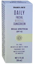 Trader Joe’s Daily Facial Mineral Sunscreen Broad Spectrum SPF 40 Oil Free Clear Color Gel Formula Fragrance Free Water Sweat Resistant 1.70 Fl Oz