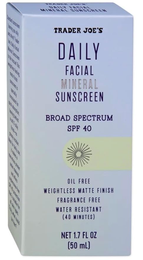 Trader Joe’s Daily Facial Mineral Sunscreen Broad Spectrum SPF 40 Oil Free Clear Color Gel Formula Fragrance Free Water Sweat Resistant 1.70 Fl Oz