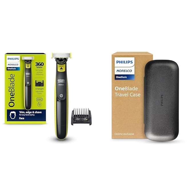 Philips Norelco OneBlade Travel Kit Bundle - Philips Norelco OneBlade 360 Face Hybrid Electric Trimmer &amp Shaver QP2724/90 + Travel Case. QP401/90