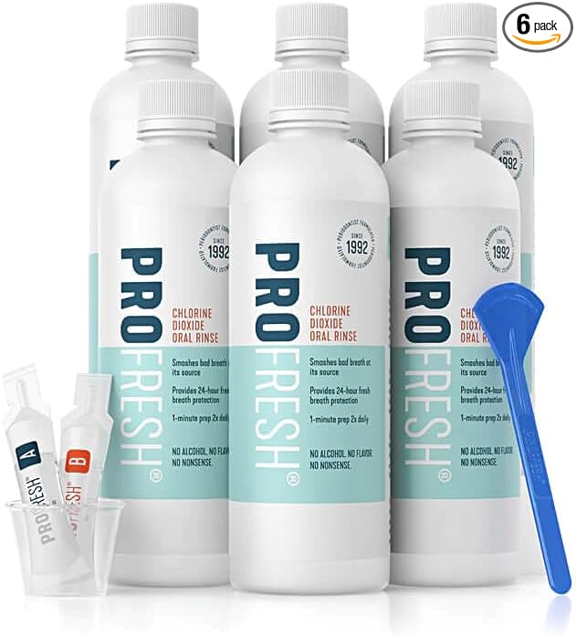 ProFresh Oral Rinse 16.9 Ounce Bottle (Pack of 6) 3 Month Supply Includes Prep Packs Alcohol Free Flavor Free Bad Breath Mouthwash