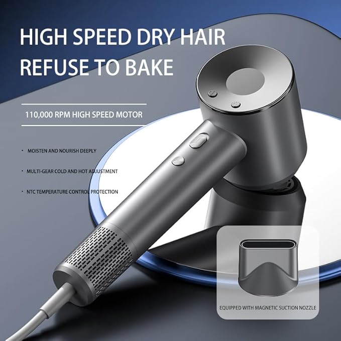 ELOVA High-Speed Hair Dryer 110000 RPM Brushless Motor for Fast Drying Gunmetal Gray Ionic Blow Dryer with Constant Thermo-Control Professional Quiet Hairdryer with Magnetic Nozzle for Home