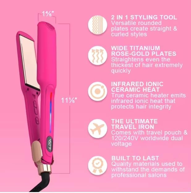Professional Hair Straightener Titanium Flat Iron with LCD Display 8-Point 3D Floating Plates Fast Heating Pink 1.5 Inch Wide Plate