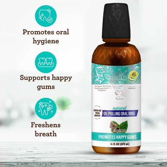 Guru.nandas Coconut Mint Oil Pulling Oral Rinse with Essential Oils and Vitamins Alcohol-Free Formula for Daily Oral Care and Fresh Breath 16 oz