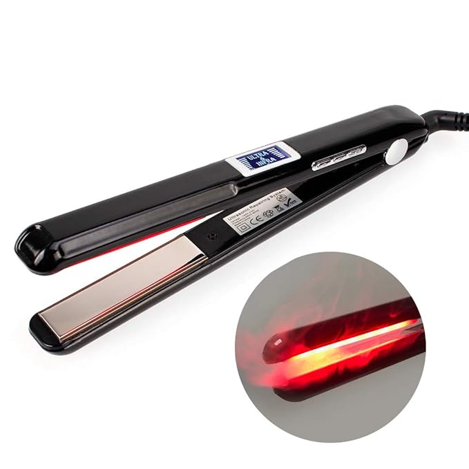 LCD Infrared Ultrasonic Keratin Cold Flat Iron Ceramic Heater Surface Hair Straightener for Damaged Hair With LCD Display Function (Black)