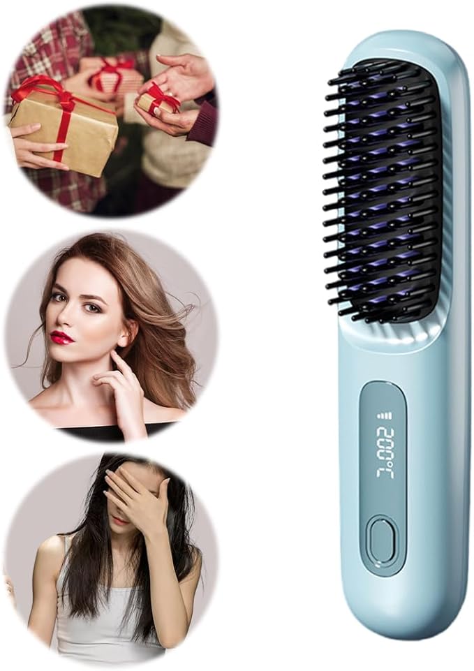 2025 Cordless Hair Straightener Brush – 3 Heat Settings USB Rechargeable 2-in-5 Straightener &amp Curler Ionic Anti-Static for All Hair Types