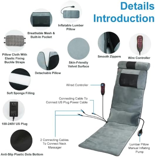 Full Body Electric Massage Mat with Heat Vibration Pad Cushion Back Massager with Neck Pillow 10 Motors 3 Timers Anti-Slip