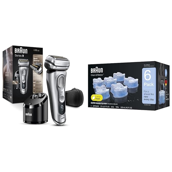 Braun Electric Razor for Men with Precision Beard Trimmer Rechargeable Wet &amp Dry Foil Shaver Clean &amp Charge Station &amp Travel Case Silver 3 Piece Set with Clean &amp Renew Refill Cart