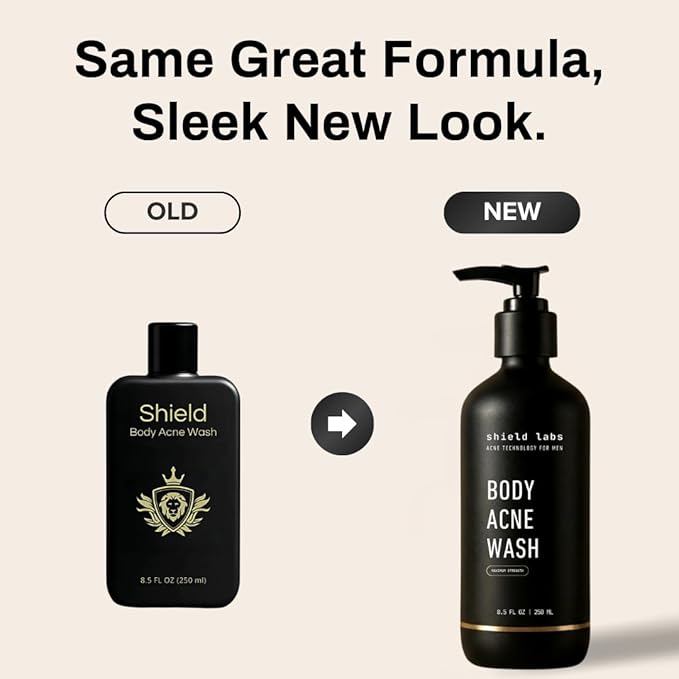 Shield Men's Acne Body Wash for Back Chest &amp Shoulders - 4% Benzoyl Peroxide Body Wash Clears Breakouts &amp Acne Scars – Unscented with Niacinamide Glycolic Acid &amp Ceramides 8.5 oz