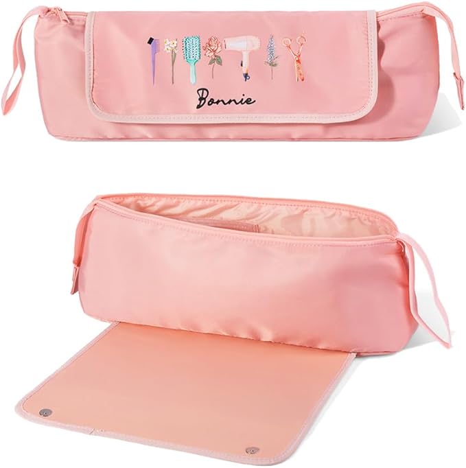Custom Hair Tools Travel Bag Personalzied Name Birth Flower Hair Accessories Organizer Case With Heat Resistant Mat for Curling Iron Straightener Flat Iron Black Pink Size 4.7 * 5.9 * 18INCH