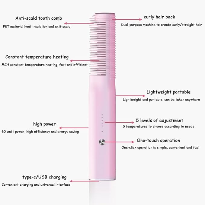 Cordless Hair Straightener Brush 5 Temperature Setting USB Rechargeable Hair Straightener Comb Fast Heating Styling Anti-Scald Design Curling Iron