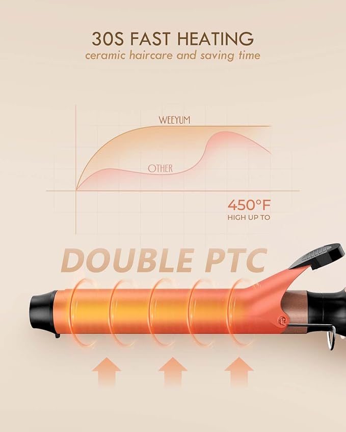 WEEYUM 1 1/4 Inch Ceramic Tourmaline Hair Curling Iron Long Barrel Curling Wand Double Voltage(100-240V)