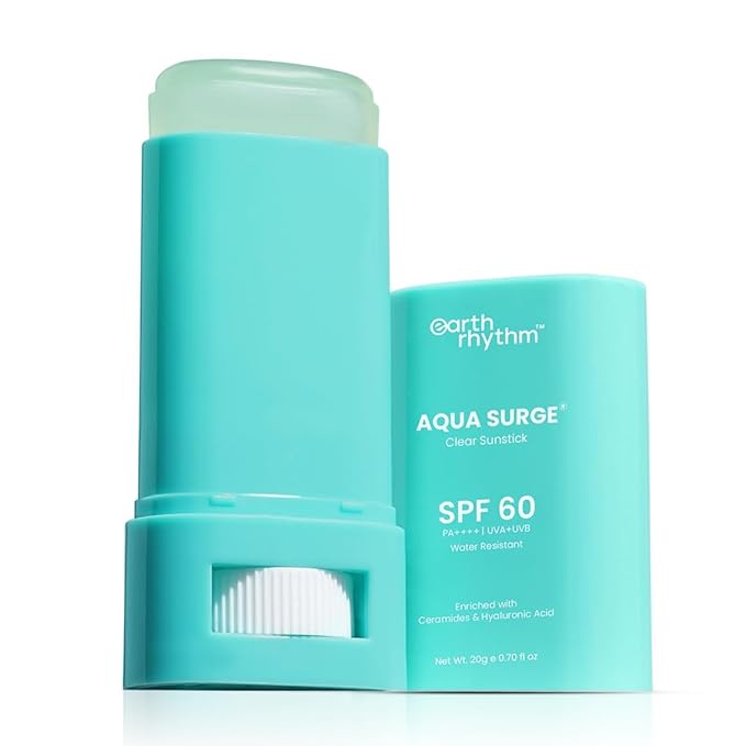 Earth Rhythm Aqua Surge Hyaluronic Sunscreen Stick SPF 60 PA++++ UVA/UVB Protection With Hyaluronic Acid &amp Ceramides For Hydration Lightweight No White Cast Sunscreen For Dry Skin - 20g