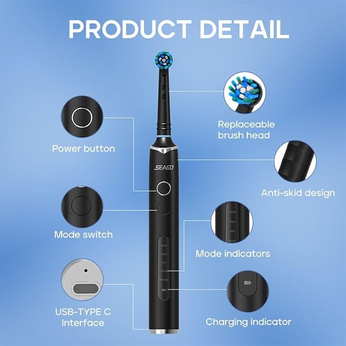 Electric Toothbrush for Adults with 3 Brush Heads 5 Modes Rechargeable Power Toothbrush 2 Min Smart Timer and IPX7 Waterproof (Black)