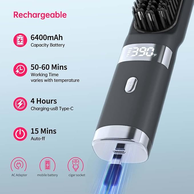 Cordless Hair Straightener Brush Portable on The go Comb for Travel USB chargingTwo Power sources30s Fast HeatingLCD Large Screen Display (Black) 1010