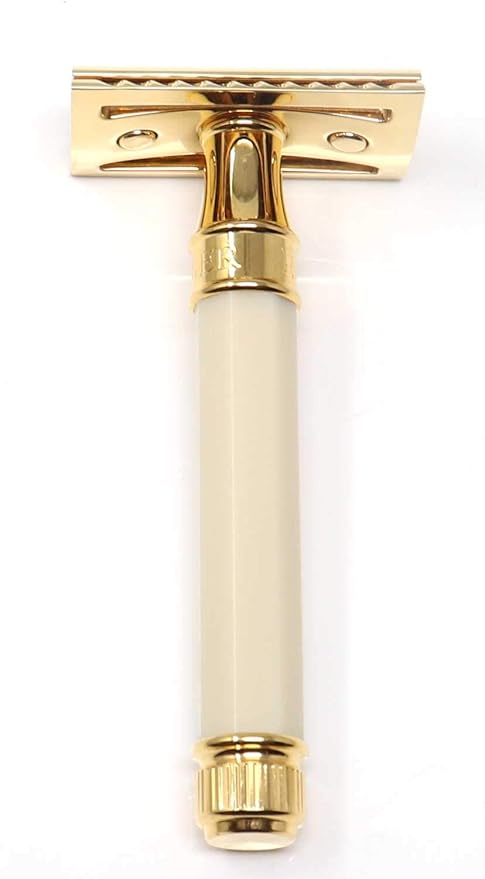 Double Edge Safety Razor Regular Handle Imitation Ivory and Gold Plated Octagonal