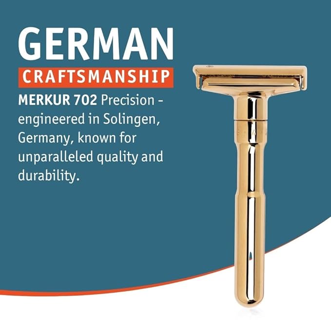 MERKUR FUTUR 702 Adjustable Double Edge Safety Razor - Bright Gold Adjustable Razor With Dial Made in Germany Plastic-Free Snap-On Cap Design Straight Bar