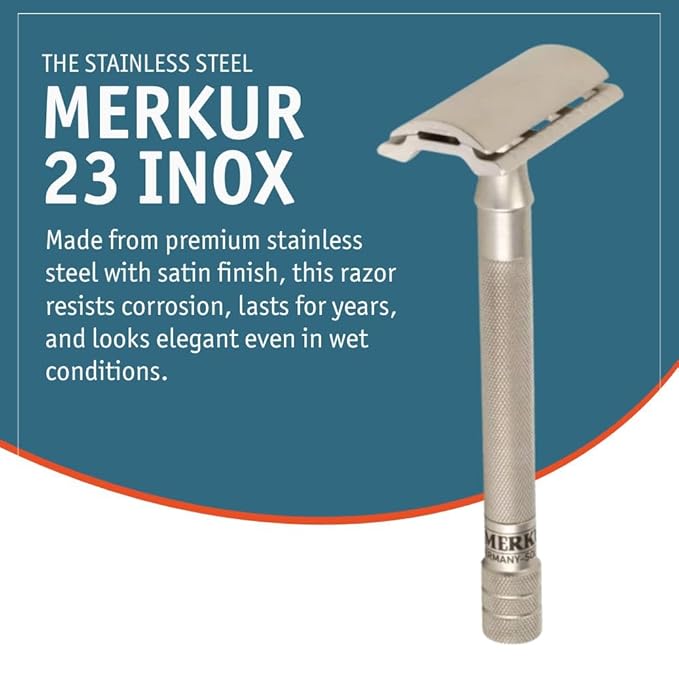 MERKUR 23 INOX Stainless Steel Double Edge Safety Razor Satin Finish Long Knurled Handle Three Piece Closed Comb