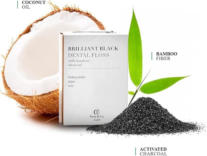 Terra &amp Co. Brilliant Black Dental Floss (3 Pack) | Organic Teeth Whitening Products | All Natural with Activated Bamboo Charcoal | Vegan &amp Cruelty Free | Luxury Dental Care