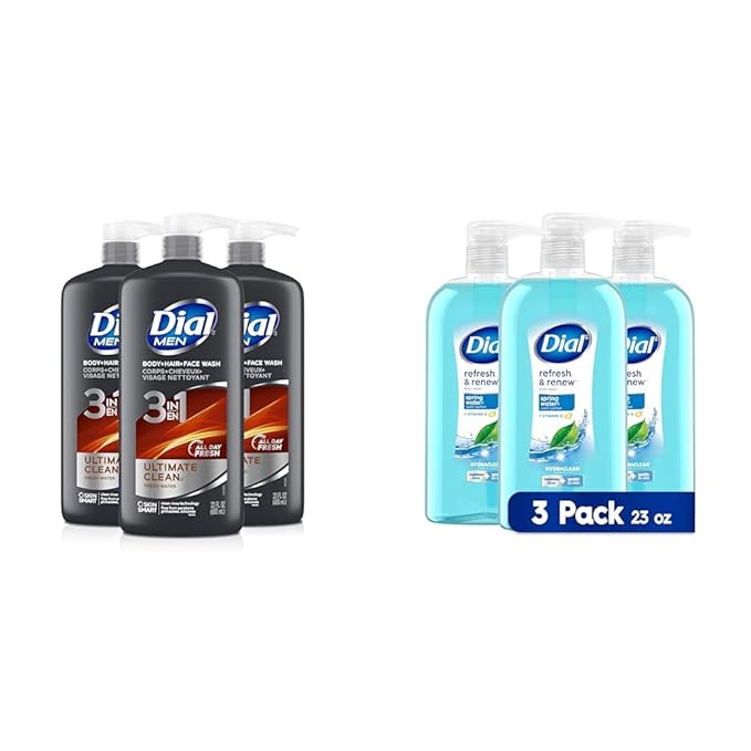 Dial Men 3in1 Body Hair and Face Wash Ultimate Clean 69 fl oz (3-23 fl oz Bottles) &amp Body Wash Refresh &amp Renew Spring Water 23 fl oz (Pack of 3)