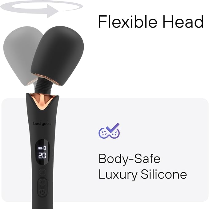 bed geek Cordless Wand Massager – Super Powerful Handheld Massage with 20 Speeds &amp 8 Patterns Soft Silicone Head Quiet Motor LED Display Body-Safe &amp Waterproof Black &amp Rose Gold