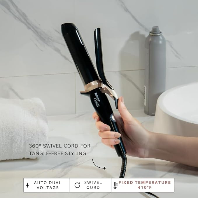 TAIFF Curves Professional Black Titanium Curling Iron – High-Performance Hair Curler &amp Rizadora para Cabello with Dual Voltage | Fixed Temperature 410°F | 1 1/2”