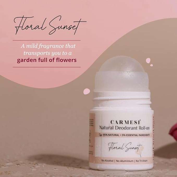 C.a.r.m.e.s.i. Natural Underarm Roll On Deodorant for Women | 95% Natural + 5% Essential Ingredients | For Fresh Underarms All Day | No Alcohol &amp Aluminium | Floral Sunset | 50 ml