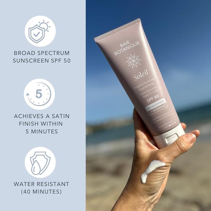 Baie Botanique Soleil – Organic Mineral Sunscreen SPF 50 for Face &amp Body – Non-Toxic – Sea Buckthorn &amp Calendula – Natural &amp Vegan – Chemical Filter Free – Reef Safe – Broad Spectrum UVA/U