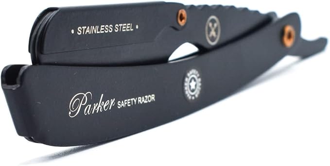 Parker SRXBLK Professional Stainless Steel Clip‑Style Barber Razor – Heavy‑Duty Black Finish with 5 Refill Blades Ergonomic Weight for Barbers &amp Straight Razor Shaving Enthusiasts