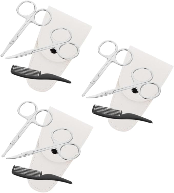12pcs Precision Beard Scissors Set Stainless Steel Trimming Scissors Comb White Leather Case Grooming Kit for Men Facial Hair Nose Hair Maintenance