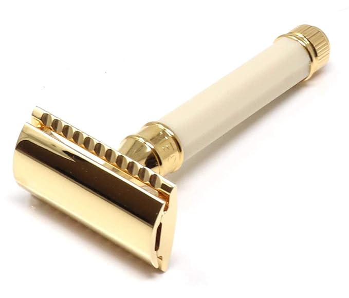 Double Edge Safety Razor Regular Handle Imitation Ivory and Gold Plated Octagonal
