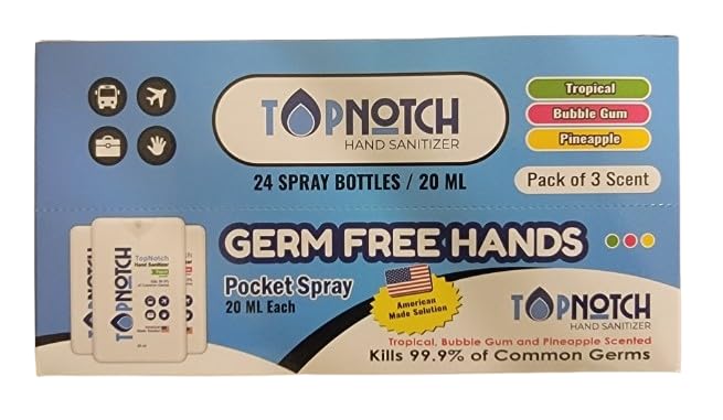 TOP NOTCH Hand Sanitizer Pack of 24 Pocket Spray (20ml) Variety Pack Tropical Bubblegum Pineapple