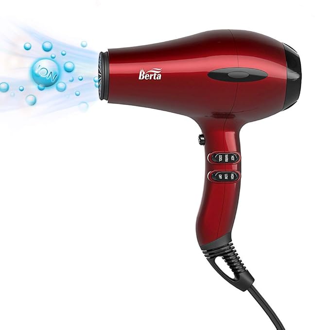BERTA 1875W Powerful Negative Ions Hair Dryer Ceramic Professional Far Infrared Blow Dryer 2 Speeds 3 Heating Settings (3 Attachments)