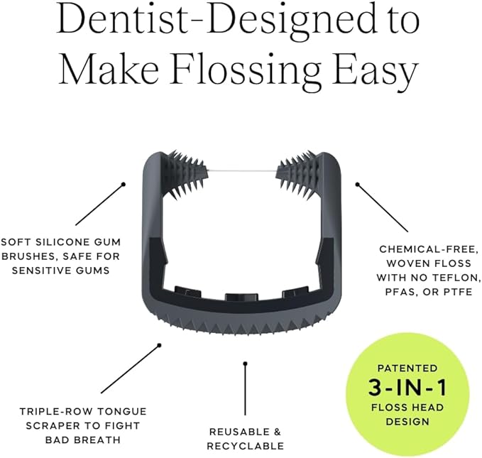 Slate Electric Flosser – Starter Set + 20pk Black Refills | 3-in-1 Dentist-Invented with Reusable Floss Heads Gum Brushes &amp Tongue Scraper | 20-Pk Non-Toxic Floss Heads (4-Month Supply)