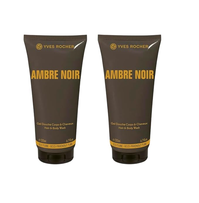 Yves Rocher Hair &amp Body Wash for Men Ambre Noir – Set of 2 Tubes Intense Dark Woods &amp Sensual Amber Fragrance Masculine Shower Gel 200 ml/6.7 fl.oz
