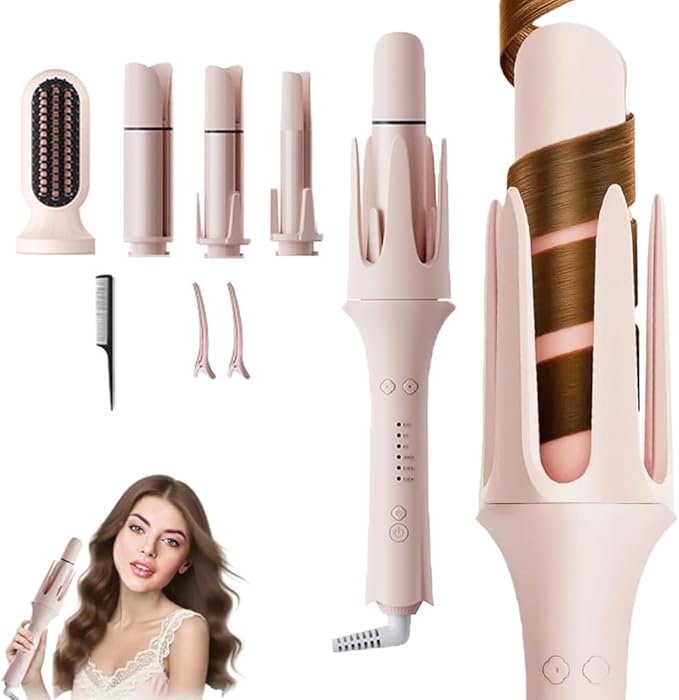 4-in-1 Automatic Curling Iron Multifunctional with 1 - 1.57 Interchangeable Barrel Salon Curls Waves Hair Straightener Brush for All Hair Lengths (Pink 4in1)