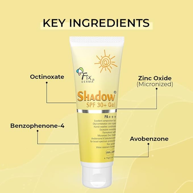 Grah Fixderma Shadow Sunscreen SPF 30+ Gel For Oily Skin - Acne Prone Offers PA+++ Protection Broad Spectrum UVA and UVB Protection Water Resistant and Non-Greasy 75g