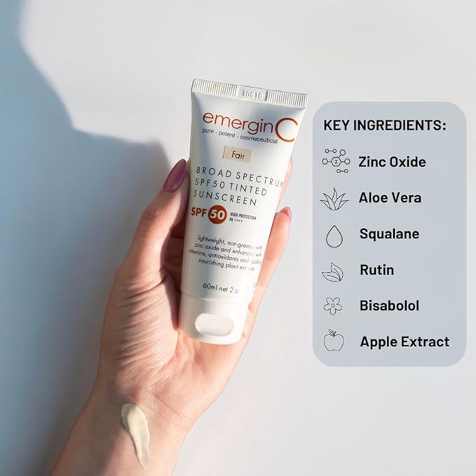 emerginC Broad Spectrum SPF 50 Tinted Mineral Sunscreen for Face (Fair) - Mineral Based Tinted SPF &amp Moisturizer with UVA/UVB Protection - Lightweight Non-Greasy - With Aloe Vera &amp Zinc Oxide