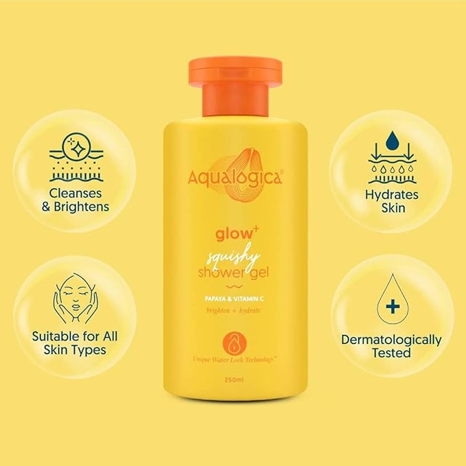 Aqua-logica Body Wash Glow plus Squishy Shower Gel | Papaya and Vitamin C | For Dry Oily Glowing and Hydrated Skin | For Men and Women 250ml.