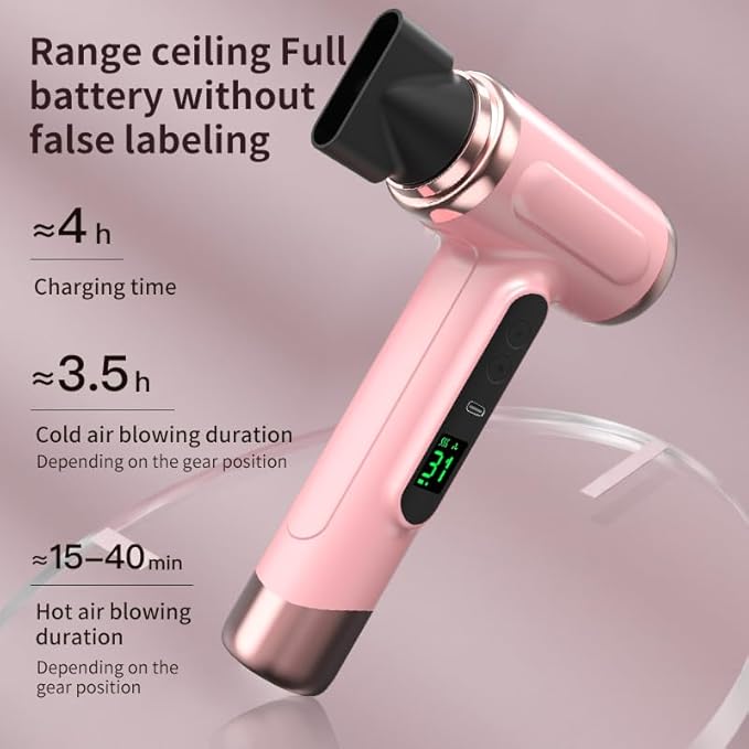 Cordless Pink Hair Dryer 15000mAh Rechargeable with USB Charging Cold &amp Hot Wind for Travel &amp Camping
