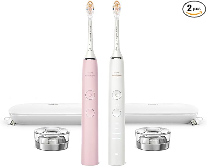 Philips Sonicare DiamondClean Connected Electric Toothbrush 2 Pack x2 Sonic Toothbrushes x2 Charging Travel Cases x2 A3 Brush Heads 12 Brushing Settings (Pink and White) Model HX9912/72