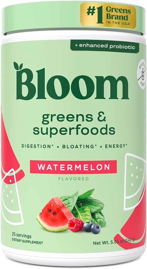 Bloom Nutrition Superfood Greens Powder Digestive Enzymes with Probiotics and Prebiotics Gut Health Bloating Relief for Women Chlorella Green Juice Mix with Beet Root Powder 25 SVG Watermelon