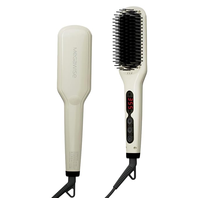 MEGAWISE Pro Ceramic Ionic Hair Straightener Brush Universal Dual Voltage Rotatable Power Cord MCH Fast 20s Heating Tech Anti-Scald Auto-Off Safety Home Salon (Pearl White)