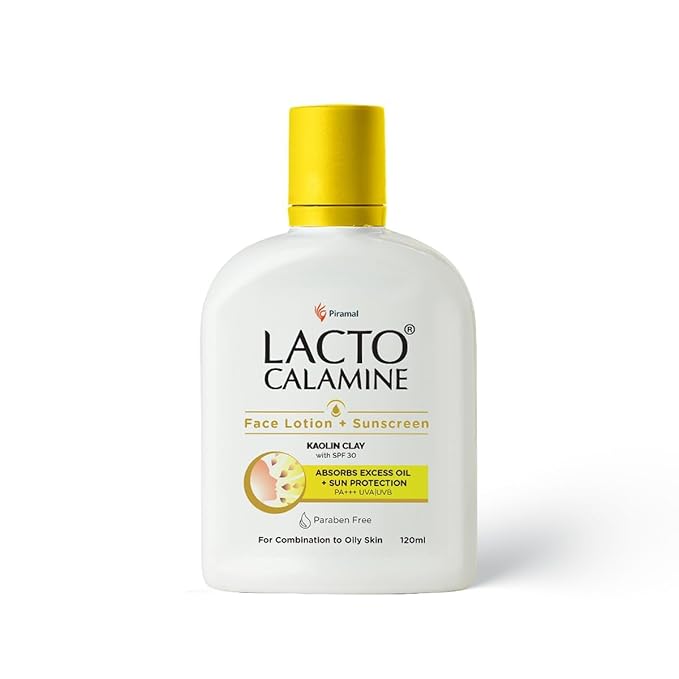 Lact'o Calamin'e Sunscreen Lotion with SPF 30 | 120ml |UVA + UVB PA+++ | Kaolin Clay &amp Zinc Oxide | Daily Face Moisturizer For Oily Skin | Lightweight &amp Non-Greasy | Face &amp Body Lotion