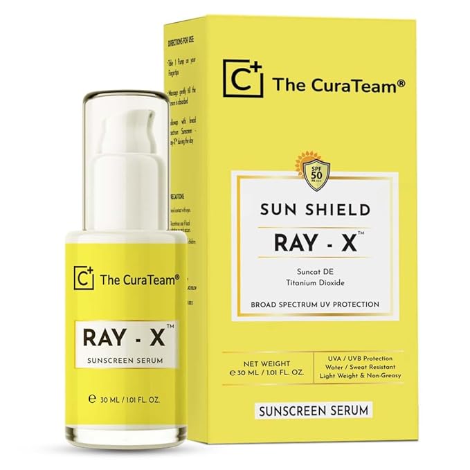 RAY-X™ Sunscreen Serum SPF 50 PA+++ with Suncat DE Broad Spectrum | UV A UV B | Blue Light Protection | Titanium Dioxide for Sun burn Sun Damage by Harmful Rays | Glowing Skin | 30ml