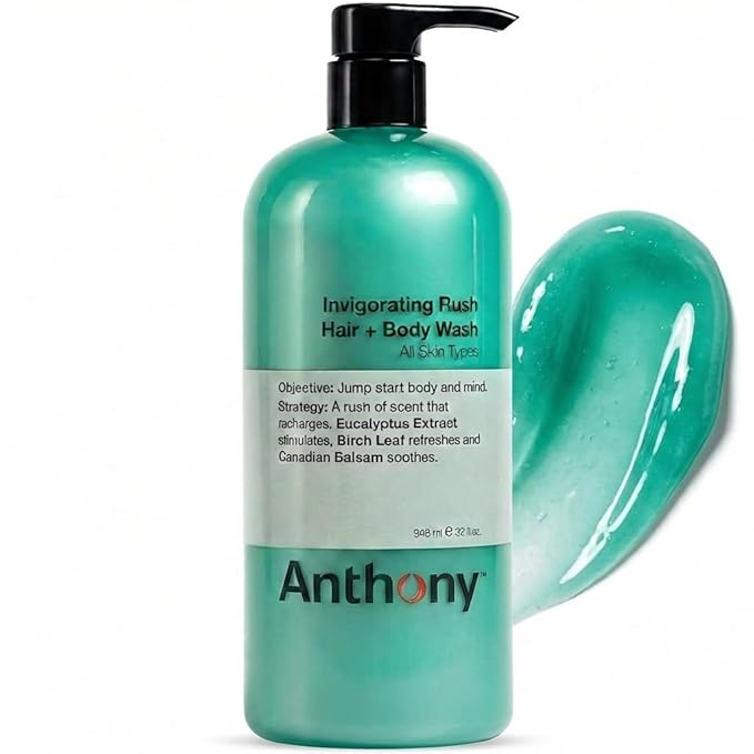 Anthony Mens Body Wash and Shampoo: Invigorating Rush 2-In-1 Liquid Gel Soap &amp Hair Shampoo Pine Wood Scent Hydrating with Eucalyptus Canadian Balsam Birch Leaf Charcoal Sea Kelp 32 Fl. Oz