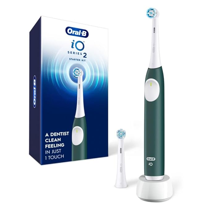 Oral-B Rechargeable Electric Toothbrush iO2 Starter Kit 3 Cleaning Modes Automatic Pressure Sensor to Protect Gums 2 Brush Heads Forest Green