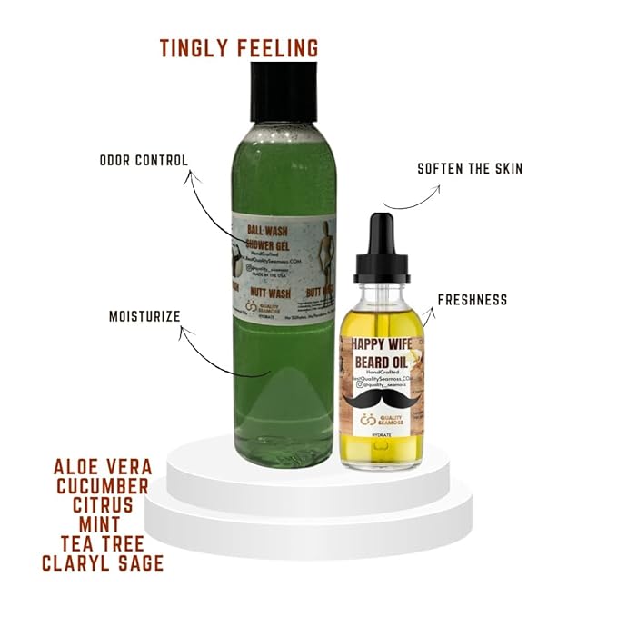 Fresh Intimate Body Wash Balls Wash Nutt Wash Butt Wash for Men 6 oz- With Aloe Mint TeaTree Oil Cucumber. Tingles Freshens Moisturize Anti-itch Soothing Odor contro (Wash and Beard Oil)